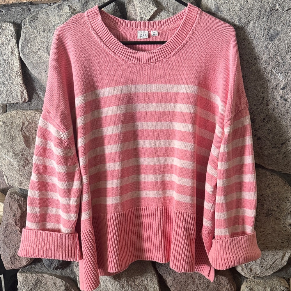 GAP 100% Cotton Pink Striped Crew Neck Sweater